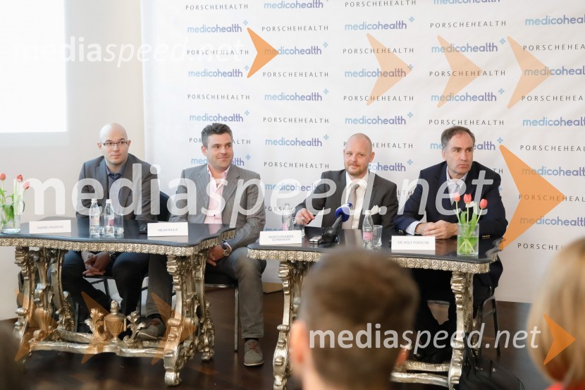 dr. Andrej Muževič, ekonomist, soustanovitelj Medicohealth;  Milan Rajlič, soustanovitelj Medicohealth;  Marko Muhrer Schwaiger, soustanovitelj Medicohealth; dr. Rolf Porsche, član upravnega odbora, predsednik uprave Porschehealth Medicohealth, predstavitev slovenske aplikacije