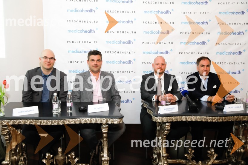dr. Andrej Muževič, ekonomist, soustanovitelj Medicohealth;  Milan Rajlič, soustanovitelj Medicohealth;  Marko Muhrer Schwaiger, soustanovitelj Medicohealth; dr. Rolf Porsche, član upravnega odbora, predsednik uprave Porschehealth Medicohealth, predstavitev slovenske aplikacije
