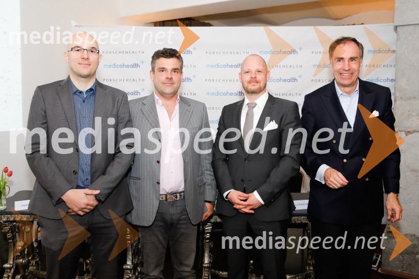 dr. Andrej Muževič, ekonomist, soustanovitelj Medicohealth;  Milan Rajlič, soustanovitelj Medicohealth;  Marko Muhrer Schwaiger, soustanovitelj Medicohealth; dr. Rolf Porsche, član upravnega odbora, predsednik uprave Porschehealth Medicohealth, predstavitev slovenske aplikacije