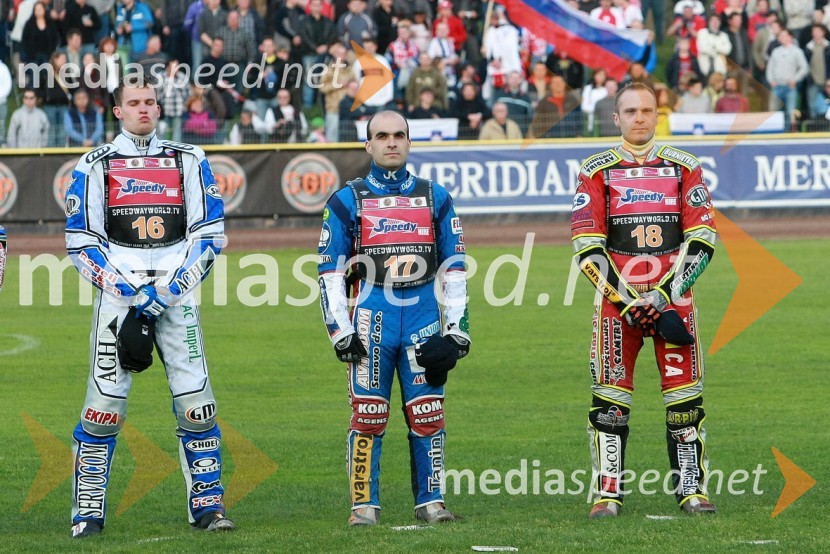 Matej Žagar (AMTK Ljubljana), Izak Šantej (AMD Krško) in Denis Štojs (ST Lendava), SlovenijaSPEEDWAY GRAND PRIX, VN Slovenije 2008, dirka