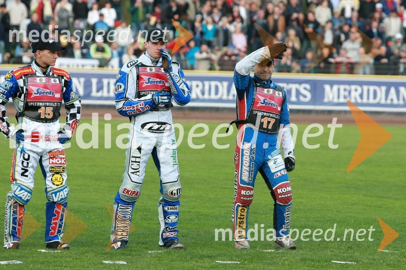 Frederik Lindgren, Švedska, Matej Žagar (AMTK Ljubljana), Slovenija in Izak Šantej (AMD Krško), SlovenijaSPEEDWAY GRAND PRIX, VN Slovenije 2008, dirka