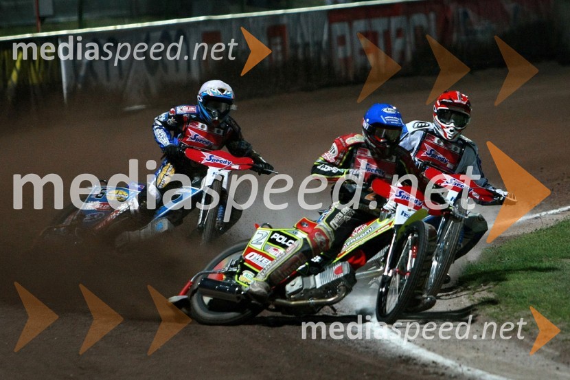 Greg Hancock, ZDA, Leigh Adams, Avstralija in Matej Žagar (AMTK Ljubljana), SlovenijaSPEEDWAY GRAND PRIX, VN Slovenije 2008, dirka