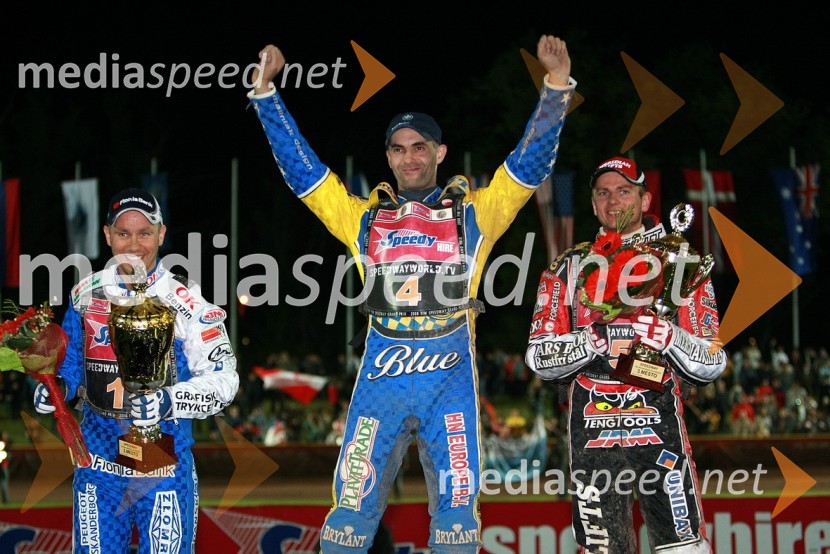2. mesto: Nicki Pedersen, Danska, 1. mesto: Tomasz Gollob, Poljska in 3. mesto: Hans Andersen, DanskaSPEEDWAY GRAND PRIX, VN Slovenije 2008, dirka