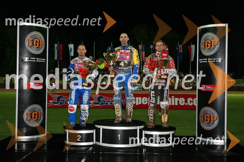 2. mesto: Nicki Pedersen, Danska, 1. mesto: Tomasz Gollob, Poljska in 3. mesto: Hans Andersen, DanskaSPEEDWAY GRAND PRIX, VN Slovenije 2008, dirka