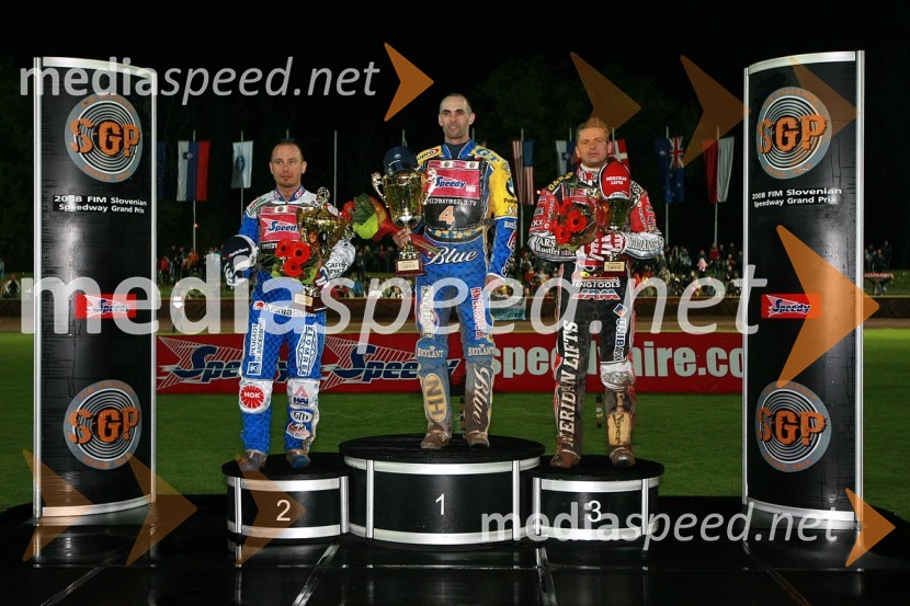 2. mesto: Nicki Pedersen, Danska, 1. mesto: Tomasz Gollob, Poljska in 3. mesto: Hans Andersen, DanskaSPEEDWAY GRAND PRIX, VN Slovenije 2008, dirka