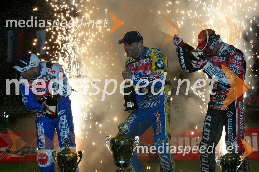 2. mesto: Nicki Pedersen, Danska, 1. mesto: Tomasz Gollob, Poljska in 3. mesto: Hans Andersen, DanskaSPEEDWAY GRAND PRIX, VN Slovenije 2008, dirka