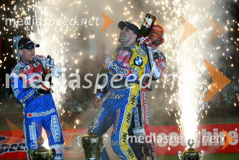 2. mesto: Nicki Pedersen, Danska, 1. mesto: Tomasz Gollob, Poljska in 3. mesto: Hans Andersen, DanskaSPEEDWAY GRAND PRIX, VN Slovenije 2008, dirka