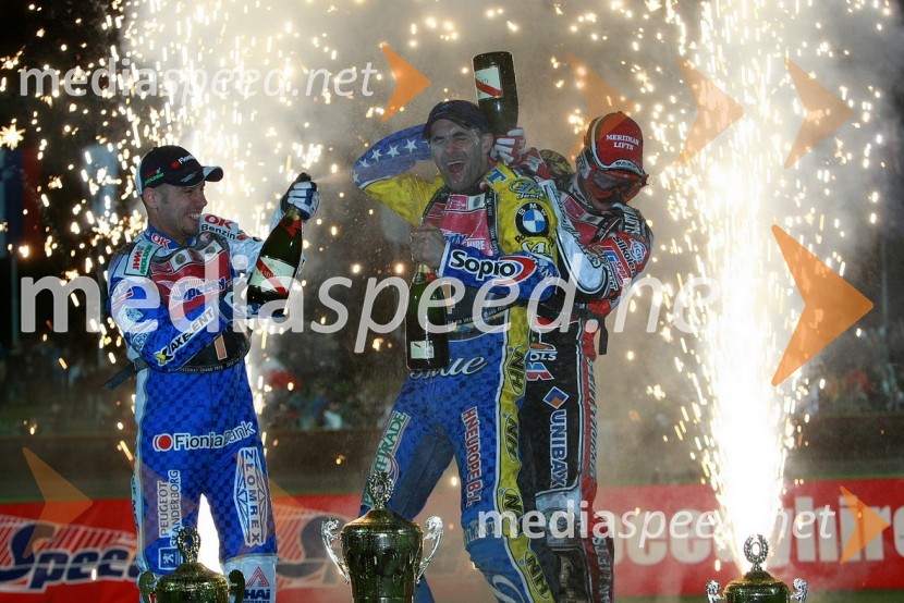 2. mesto: Nicki Pedersen, Danska, 1. mesto: Tomasz Gollob, Poljska in 3. mesto: Hans Andersen, DanskaSPEEDWAY GRAND PRIX, VN Slovenije 2008, dirka