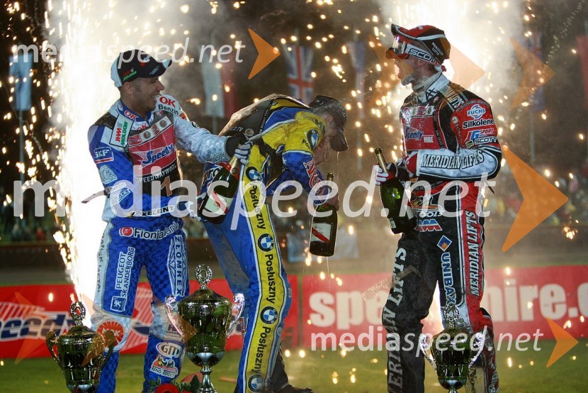 2. mesto: Nicki Pedersen, Danska, 1. mesto: Tomasz Gollob, Poljska in 3. mesto: Hans Andersen, DanskaSPEEDWAY GRAND PRIX, VN Slovenije 2008, dirka