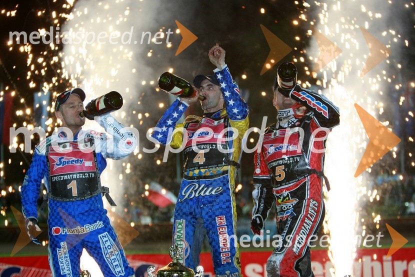 2. mesto: Nicki Pedersen, Danska, 1. mesto: Tomasz Gollob, Poljska in 3. mesto: Hans Andersen, DanskaSPEEDWAY GRAND PRIX, VN Slovenije 2008, dirka