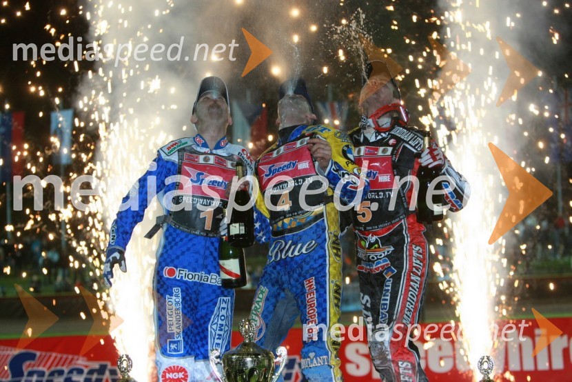 2. mesto: Nicki Pedersen, Danska, 1. mesto: Tomasz Gollob, Poljska in 3. mesto: Hans Andersen, DanskaSPEEDWAY GRAND PRIX, VN Slovenije 2008, dirka