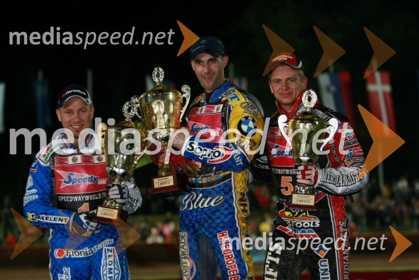 2. mesto: Nicki Pedersen, Danska, 1. mesto: Tomasz Gollob, Poljska in 3. mesto: Hans Andersen, DanskaSPEEDWAY GRAND PRIX, VN Slovenije 2008, dirka