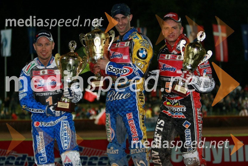 2. mesto: Nicki Pedersen, Danska, 1. mesto: Tomasz Gollob, Poljska in 3. mesto: Hans Andersen, DanskaSPEEDWAY GRAND PRIX, VN Slovenije 2008, dirka