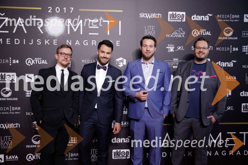  Sašo  Braz - Renton, scenarist;  David Urankar, televizijski voditelj, maneken;  Rok Bohinc, igralec;  Sašo Stare, stand up komikŽarometi 2018, rdeča preproga