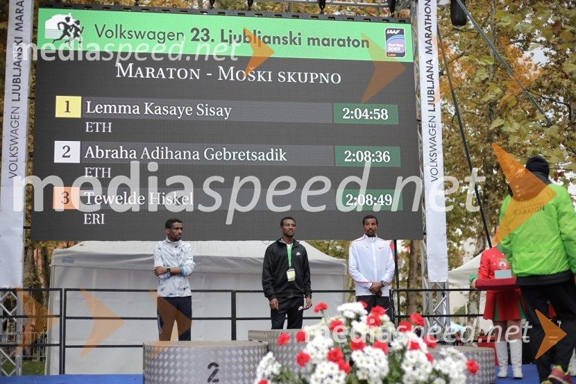  Abraha Adihana Gebretsadik, tekač;  Lemma Kasaye Sisay, tekač;  Tewelde Hiskel, tekačNa 23. ljubljanskem maratonu slavila Etiopijec in Kenijka