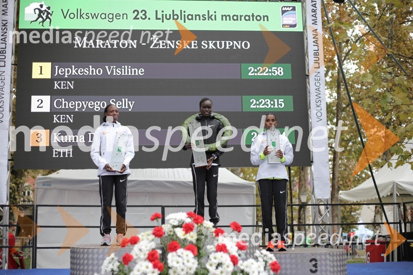  Selly Chepyego, tekačica;  Visiline Jepkesho, tekačica;  Dibabe Kuma, tekačicaNa 23. ljubljanskem maratonu slavila Etiopijec in Kenijka
