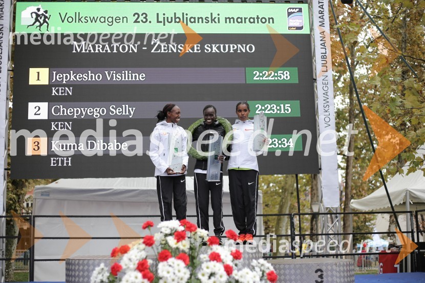  Selly Chepyego, tekačica;  Visiline Jepkesho, tekačica;  Dibabe Kuma, tekačicaNa 23. ljubljanskem maratonu slavila Etiopijec in Kenijka