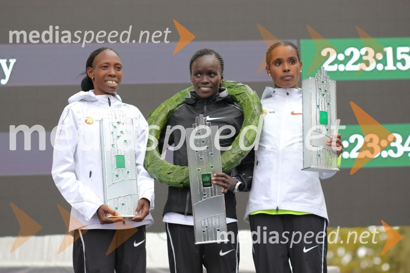  Selly Chepyego, tekačica;  Visiline Jepkesho, tekačica;  Dibabe Kuma, tekačicaNa 23. ljubljanskem maratonu slavila Etiopijec in Kenijka