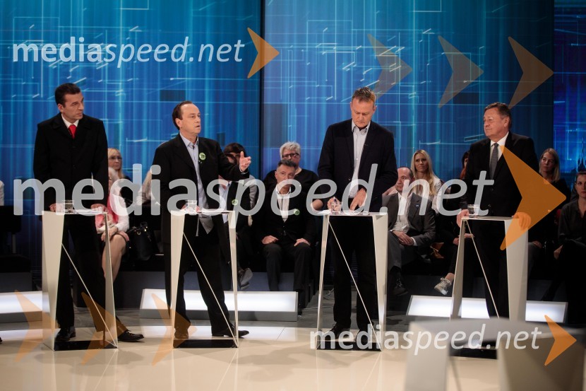  Matjaž Bidovec, kandidat Socialistične partije Slovenije;  Smiljan  Mekicar, sekretar na Ministrstvu za zdravje;  Dragan Matič, poslanec SMC;  Zoran Janković, župan, Mestna občina LjubljanaPredvolilno soočenje kandidatov za župana Ljubljane
