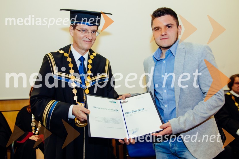 prof. dr. Zdravko Kačič, rektor Univerze v Mariboru;  Tilen Škrinjar, Fakulteta za elektrotehniko, računalništvo in informatiko, Univerza v MariboruOb Rektorjevem dnevu podelili priznanja in nagrade Univerze v Mariboru