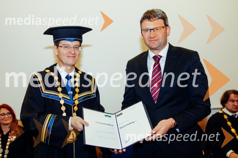 prof. dr. Zdravko Kačič, rektor Univerze v Mariboru;  Matjaž Čemažar, Domel Holding, d.d.Ob Rektorjevem dnevu podelili priznanja in nagrade Univerze v Mariboru