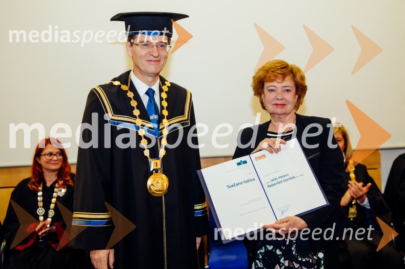 prof. dr. Zdravko Kačič, rektor Univerze v Mariboru; prim. Jelka Helena Reberšek Gorišek, dr. med.Ob Rektorjevem dnevu podelili priznanja in nagrade Univerze v Mariboru