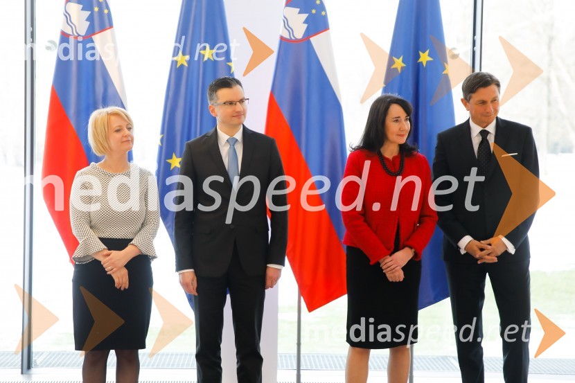  Barbara Iskra Šarec;  Marjan  Šarec, predsednik Vlade Republike Slovenije;  Tanja Pečar, odvetnica;  Borut Pahor, predsednik Republike SlovenijePahor in Šarec gostila diplomatski zbor