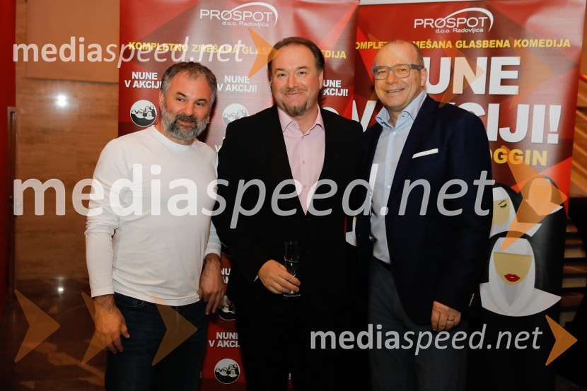  Aleš Smrekar, novinar;  Patrik Greblo, dirigent;  Jurij Franko, direktor, Prospot, d. o. o.Nune v akciji!, premiera predstave