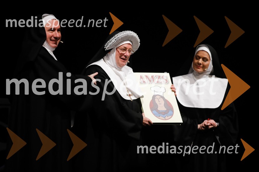  Marjan Bunič, pevec, voditelj, Radio Ognjišče;  Gojmir Lešnjak Gojc, igralec;  Simona  Vodopivec Franko, pevka, igralkaNune v akciji!, premiera predstave