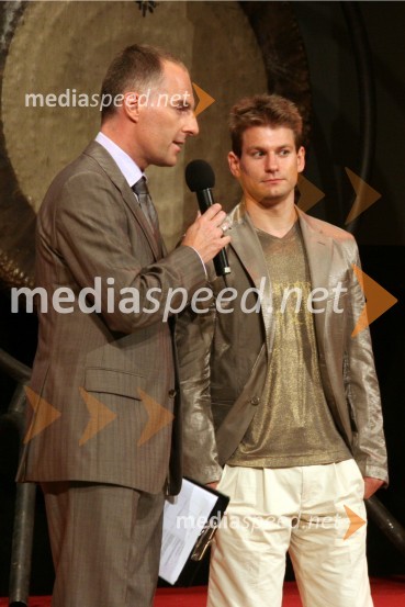 Igor E. Bergant, urednik športa na RTV Slovenija in voditelj večera in Mitja Petkovšek, gimnastičarPredstavitev slovenske olimpijske delegacije - Peking 2008