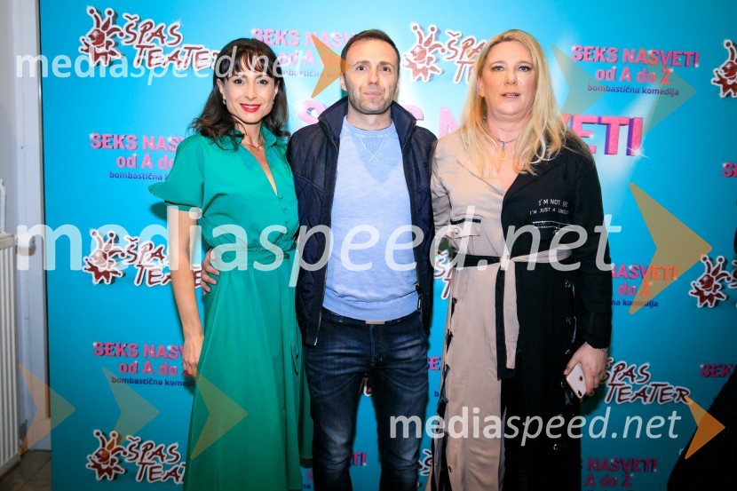  Tina Gorenjak, igralka;  Ranko Babić, stand up komik;  Urška Alič, ustanoviteljica in direktorica Špas teatraSeks nasveti od A do Ž, premiera komedije