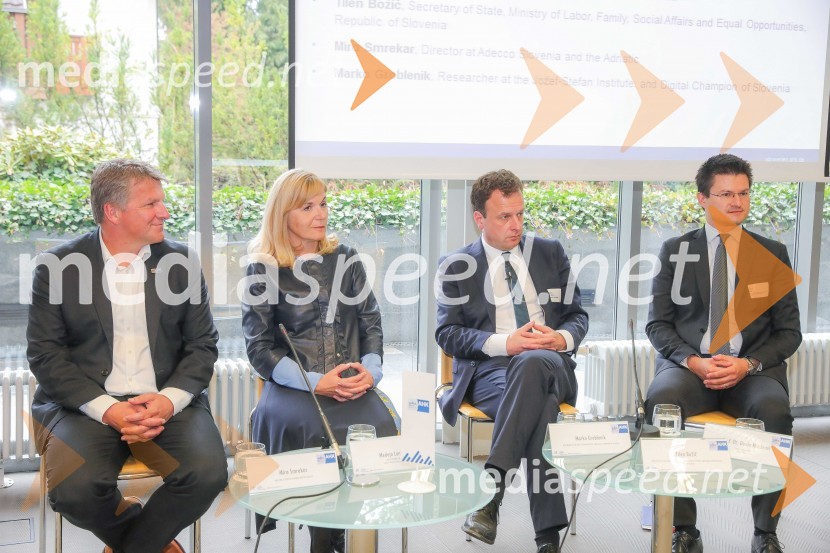  Miro  Smrekar, direktor, Adecco Slovenija in regija Adriatic;  Medeja Lončar, direktorica, Siemens d.o.o., članica upravnega odbora, Slovensko-nemška gospodarska zbornica;  Marko Grobelnik, raziskovalec v laboratoriju za umetno inteligenco na Institutu Jožef Stefan, izvršni direktor Quintelligence in glasnik digitalnih tehnologij RS;  Tilen Božič, državni sekretar na Ministrstvu za delo, družino, socialne zadeve in enake možnostiDan slovensko-nemškega gospodarstva 2019