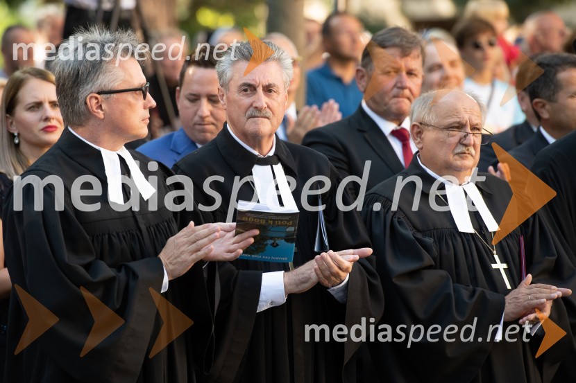  Leon Novak, evangeličanski duhovnik;  Geza Erniša, nekdanji evangeličanski škof;  Geza Filo, evangeličanski škofDržavna proslava ob 100. obletnici združitve prekmurskih Slovencev z matičnim narodom