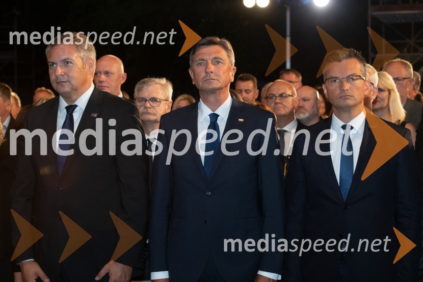 mag. Dejan Židan, predsednik Državnega zbora Republike Slovenije;  Borut Pahor, predsednik Republike Slovenije;  Marjan  Šarec, predsednik Vlade Republike SlovenijeDržavna proslava ob 100. obletnici združitve prekmurskih Slovencev z matičnim narodom