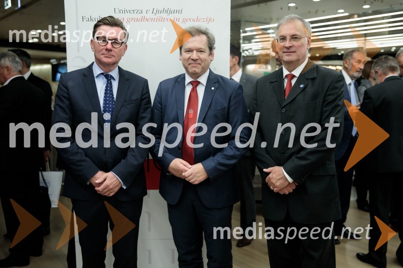 prof. dr. Oto Luthar, znanstveni svetnik in direktor ZRC SAZU; dr. Igor Papič, rektor, Univerza v Ljubljani; prof. dr. Matjaž Mikoš, Dekan Fakultete za gradbeništvo in geodezijo Univerze v LjubljaniProslava ob 100-letnici Fakultete za gradbeništvo in geodezijo