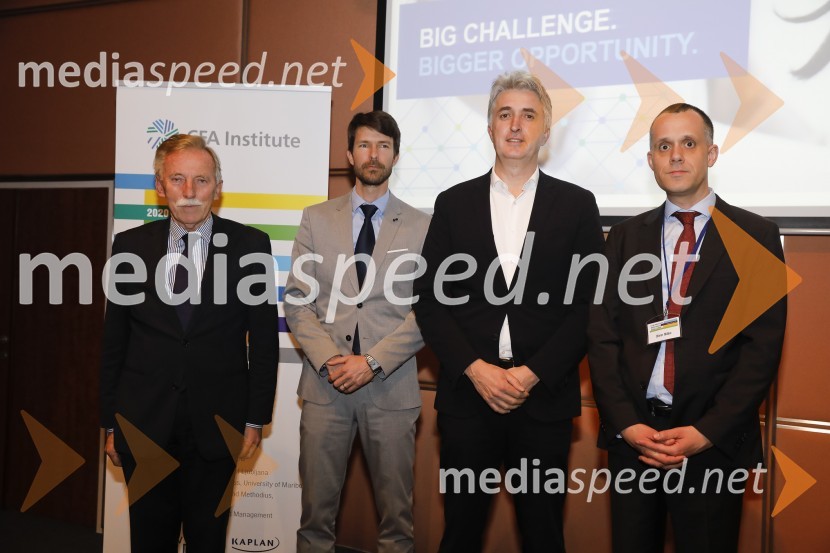 dr. France Arhar, prvi guverner Banke Slovenije;  Blaž Hribar, CFA, sodnik;  ... ;  ... CFA Institute Research Challenge 2020