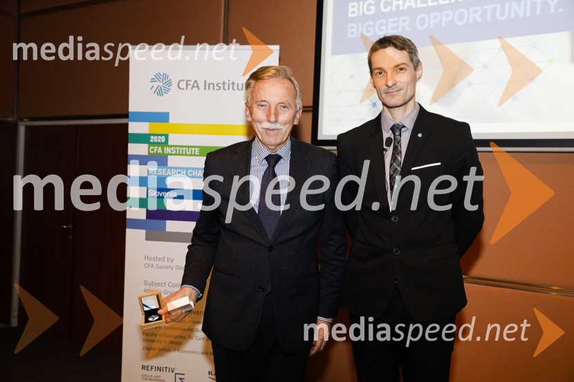 dr. France Arhar, prvi guverner Banke Slovenije;  Bojan Ivanc, CFA, CAIA, član upravnega odbora društva CFA Slovenija in glavni ekonomist Analitike GZS, lokalni koordinator CFA Research Challenge 2018CFA Institute Research Challenge 2020
