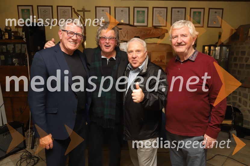  Rudi Šantl, pevec;  Ivo Mojzer;  Oto Vrhovnik, glasbenik;  Srečko Kovačič , klarinetistSrečanje muzikantov na izletniški kmetiji Mikuž