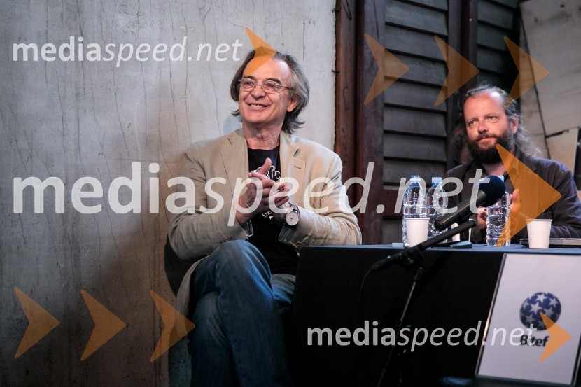   Igor  Samobor, igralec, ravnatelj SNG Drama Ljubljana;  Sebastijan  Horvat, režiserNovinarska konferenca ob razgrnitvi programa 54. festivala BITEF in podelitvi festivalskih nagrad