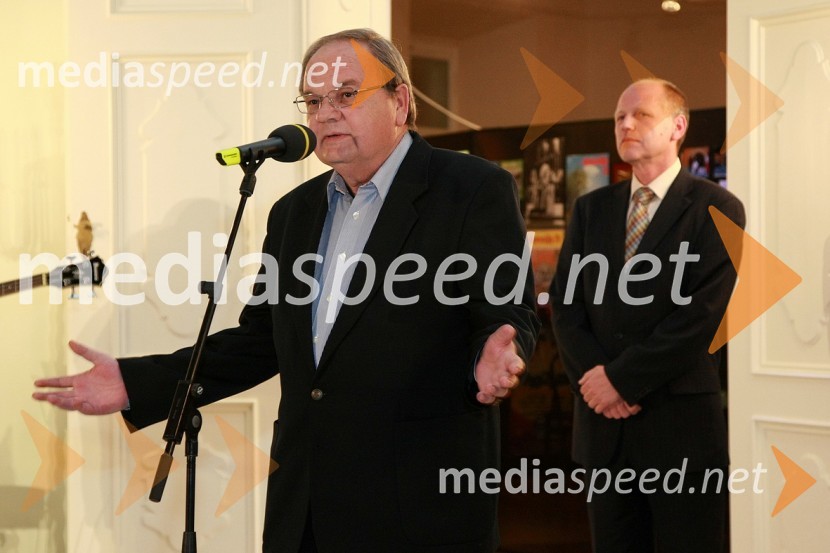 Srečko Niedorfer, nekdanji urednik Totega lista in Rudi Kocbek, plesni učitelj in direktor Plesne šole PingiZlata petdeseta, otvoritev razstave Ivo Robić