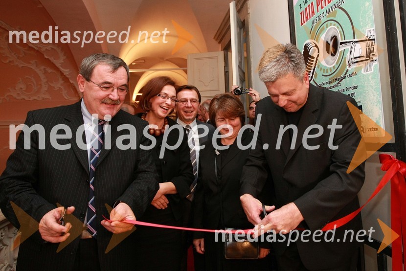 Duško Ljuština, podžupan Zagreba, Mirjana Koren, direktorica Pokrajinskega muzeja Maribor, Vinko Ivić, direktor Muzeja mesta Zagreb, Vesna Leiner, kustodinja Muzeja mesta Zagreb in Andrej Verlič, podžupan MariboraZlata petdeseta, otvoritev razstave Ivo Robić