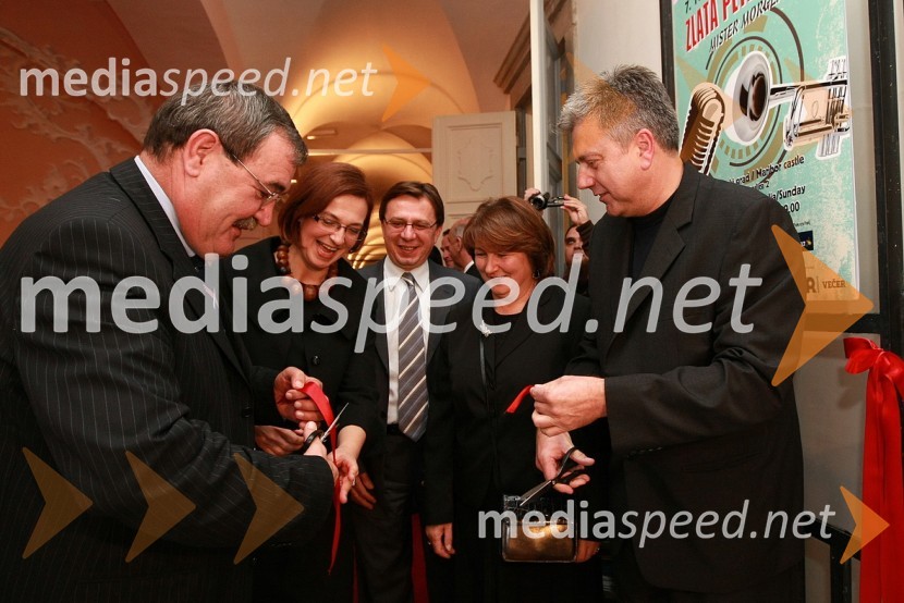 Duško Ljuština, podžupan Zagreba, Mirjana Koren, direktorica Pokrajinskega muzeja Maribor, Vinko Ivić, direktor Muzeja mesta Zagreb, Vesna Leiner, kustodinja Muzeja mesta Zagreb in Andrej Verlič, podžupan MariboraZlata petdeseta, otvoritev razstave Ivo Robić