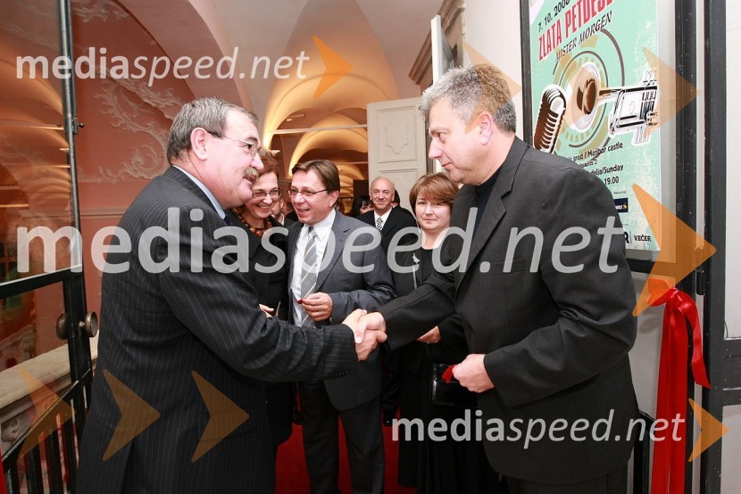 Duško Ljuština, podžupan Zagreba, Mirjana Koren, direktorica Pokrajinskega muzeja Maribor, Vinko Ivić, direktor Muzeja mesta Zagreb, Vesna Leiner, kustodinja Muzeja mesta Zagreb in Andrej Verlič, podžupan MariboraZlata petdeseta, otvoritev razstave Ivo Robić