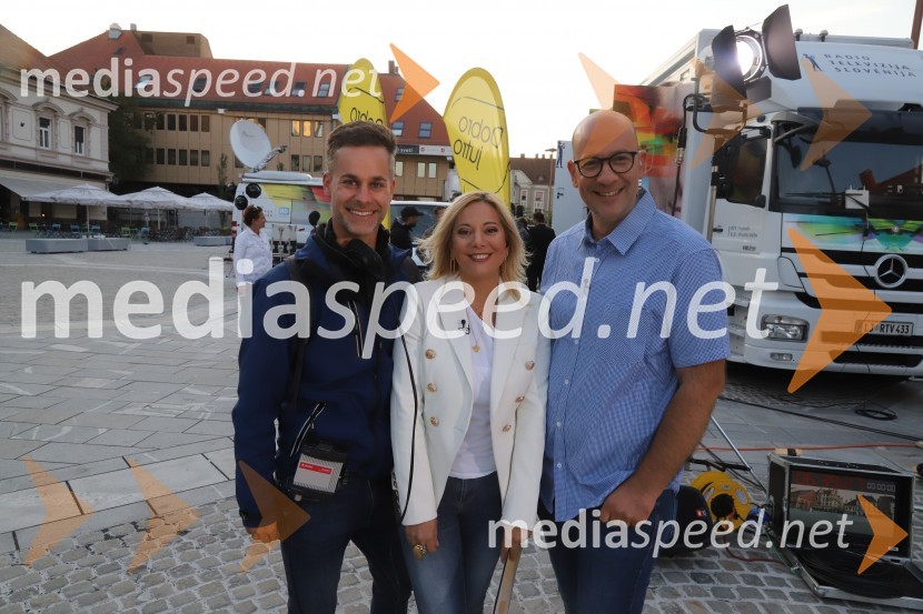  Andrej Geržina, TV voditelj;  Veronika Žajdela, voditeljica;  Matej  Korošec, novinarZadnja poletna oddaja Dobro jutro iz mariborskega studia RTV SLO