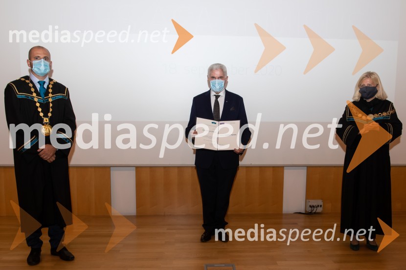 prof. dr. Miralem  Hadžiselimović, Prorektor za infrastrukturo Univerze v Mariboru; prof. dr. Ludvik Toplak,  predsednik Alma Mater Europaea, nekdanji rektor UM;  ... Dan univerze v Mariboru 2020