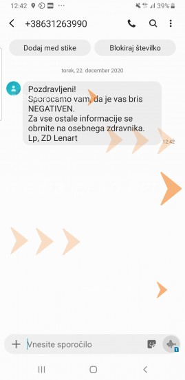 SMS sporočilo, s katerim iz ZD Lenart sporočijo, da je vaš bris na testu negativen na COVID 19V Lenartu na hitrih testih že trije okuženi