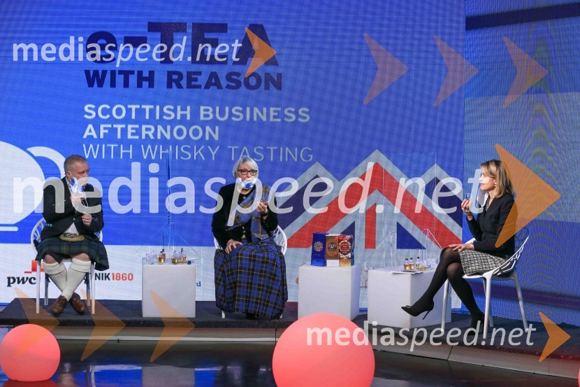  GreG McPartlin, predstavnik Škotske v Sloveniji;  Majda Debevc, sommelierka, strokovnjakinja za žgane pijače in vina;  Barbara Uranjek, direktorica, Britansko-slovenska gospodarska zbornicaE čaj z razlogom - Degustacija škotskih viskijev