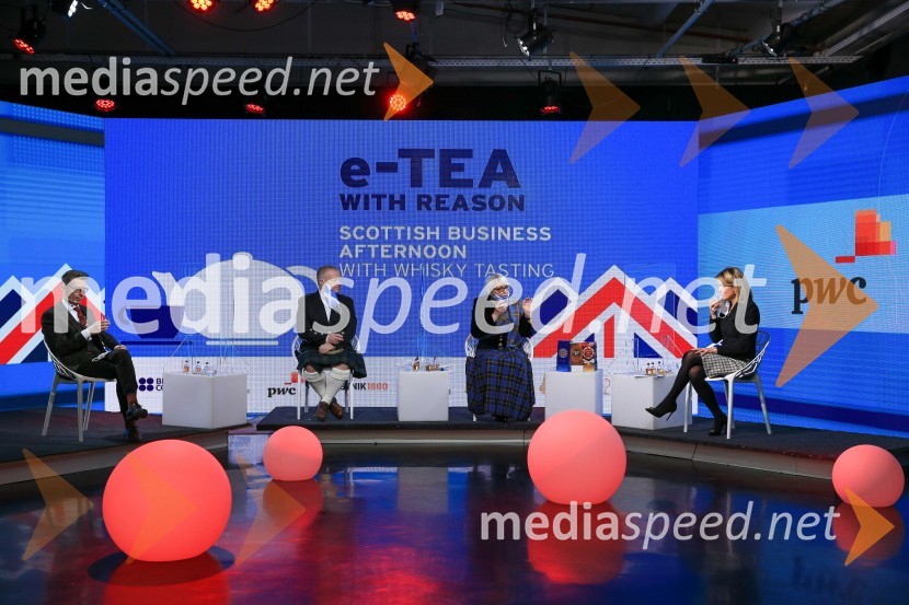  Dragan Barbutovski, British Council v Sloveniji, direktor;  GreG McPartlin, predstavnik Škotske v Sloveniji;  Majda Debevc, sommelierka, strokovnjakinja za žgane pijače in vina;  Barbara Uranjek, direktorica, Britansko-slovenska gospodarska zbornicaE čaj z razlogom - Degustacija škotskih viskijev