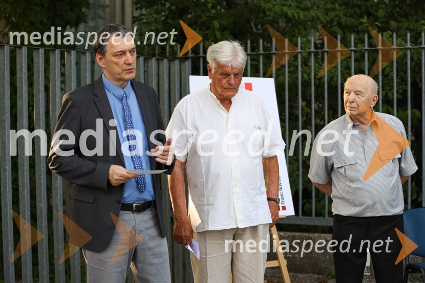  Matija Šenk, član uprave Generali;  Aleksander  Bassin, muzejski svetnik;  Franc Novinc, umetnikFranc Novinc, razstava Harmonija barvne uglašenosti, Generali galerija