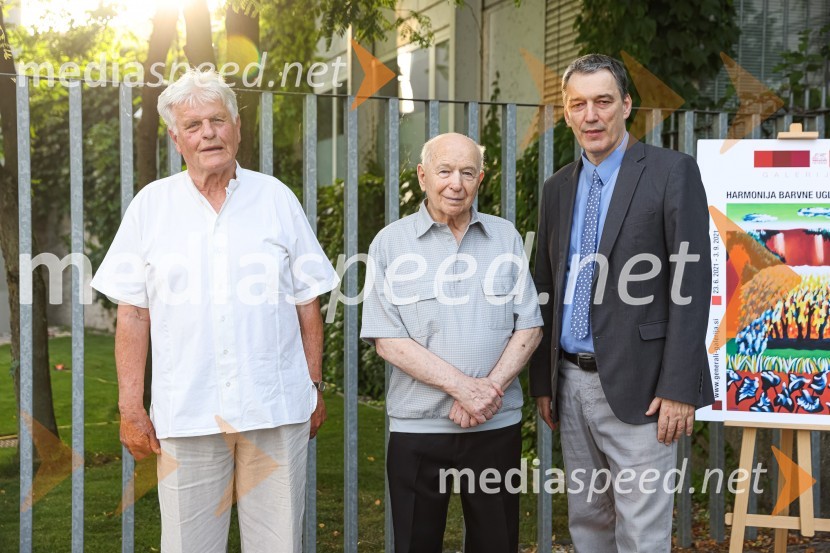  Aleksander  Bassin, muzejski svetnik;  Franc Novinc, umetnik;  Matija Šenk, član uprave, GeneraliFranc Novinc, razstava Harmonija barvne uglašenosti, Generali galerija